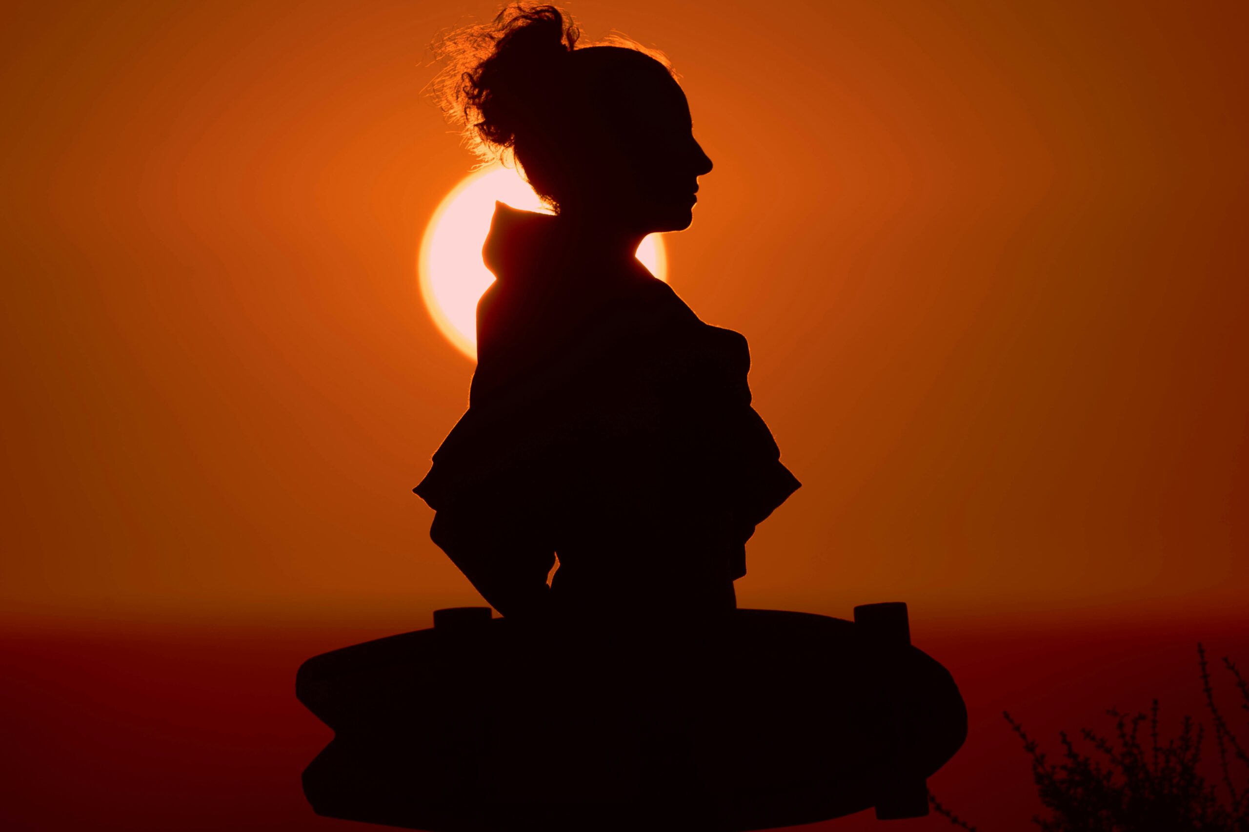 A side-profile silhouette of a person with their hair in a bun, standing against a vibrant orange sunset. The person is holding a skateboard horizontally in front of them. The sun is a bright, circular glow positioned directly behind their head, creating a halo effect.